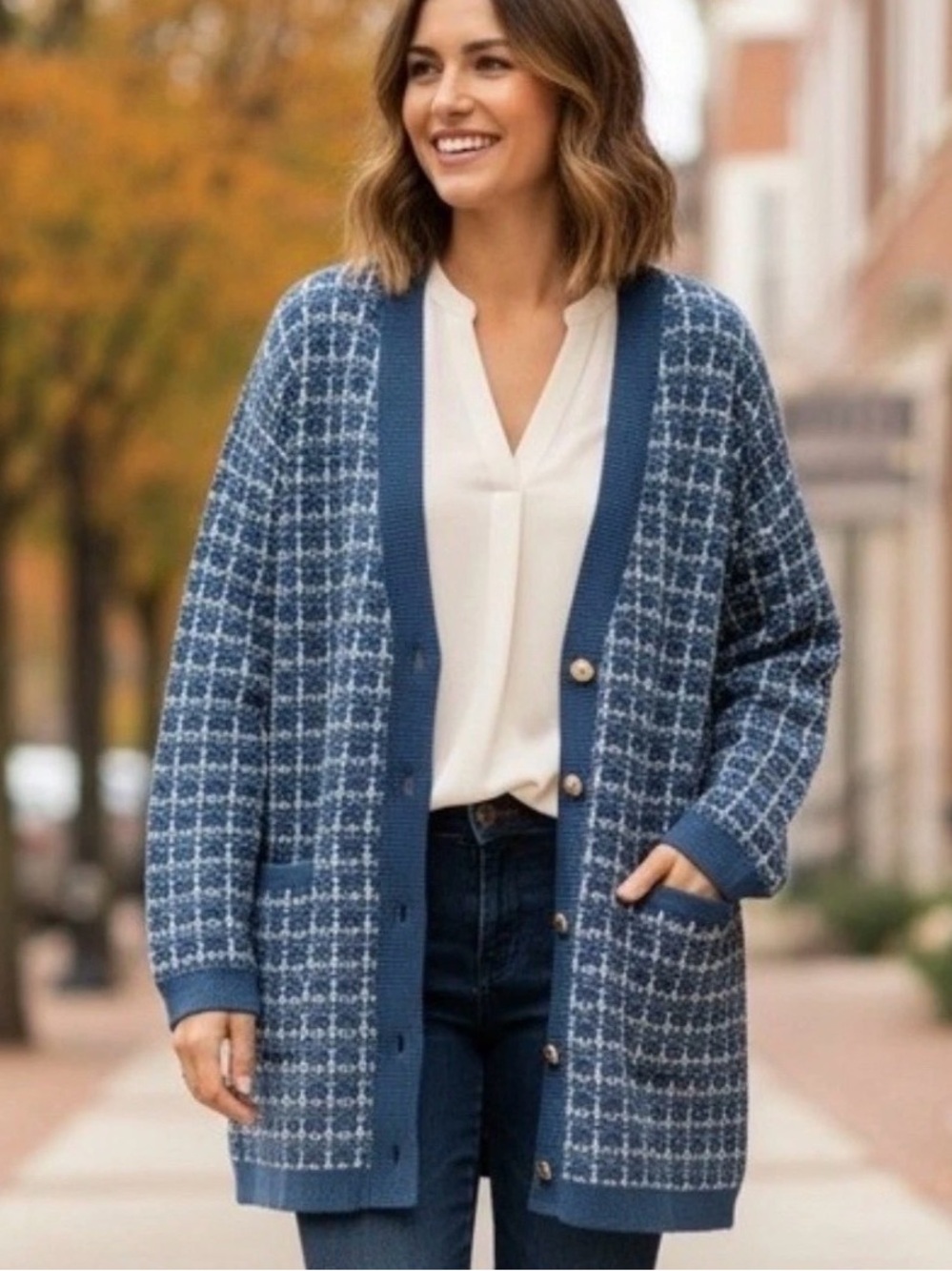 NEW Talbots Merino Wool Gold Button Front Cardigan Sweater Blue Plaid XLp